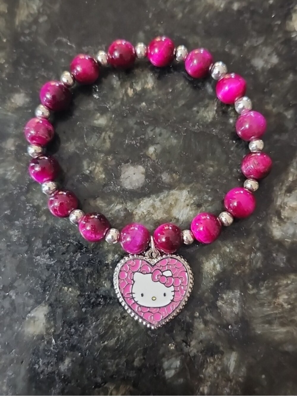 Handmade Hello Kitty Rose Red Tigers Eye Beaded Bracelet